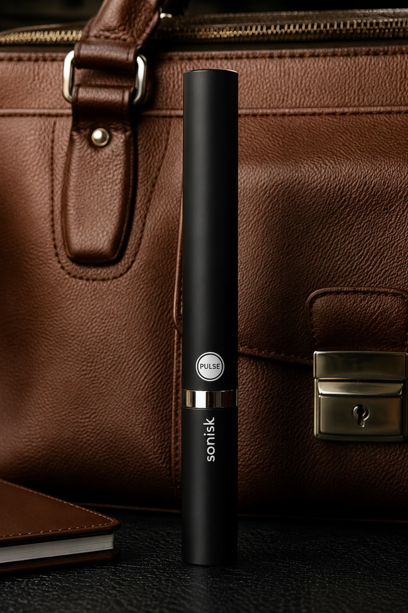 A sleek black Sonik Pulse toothbrush device stands upright in front of a brown leather handbag, with a small notebook partially visible in the lower-left corner.h